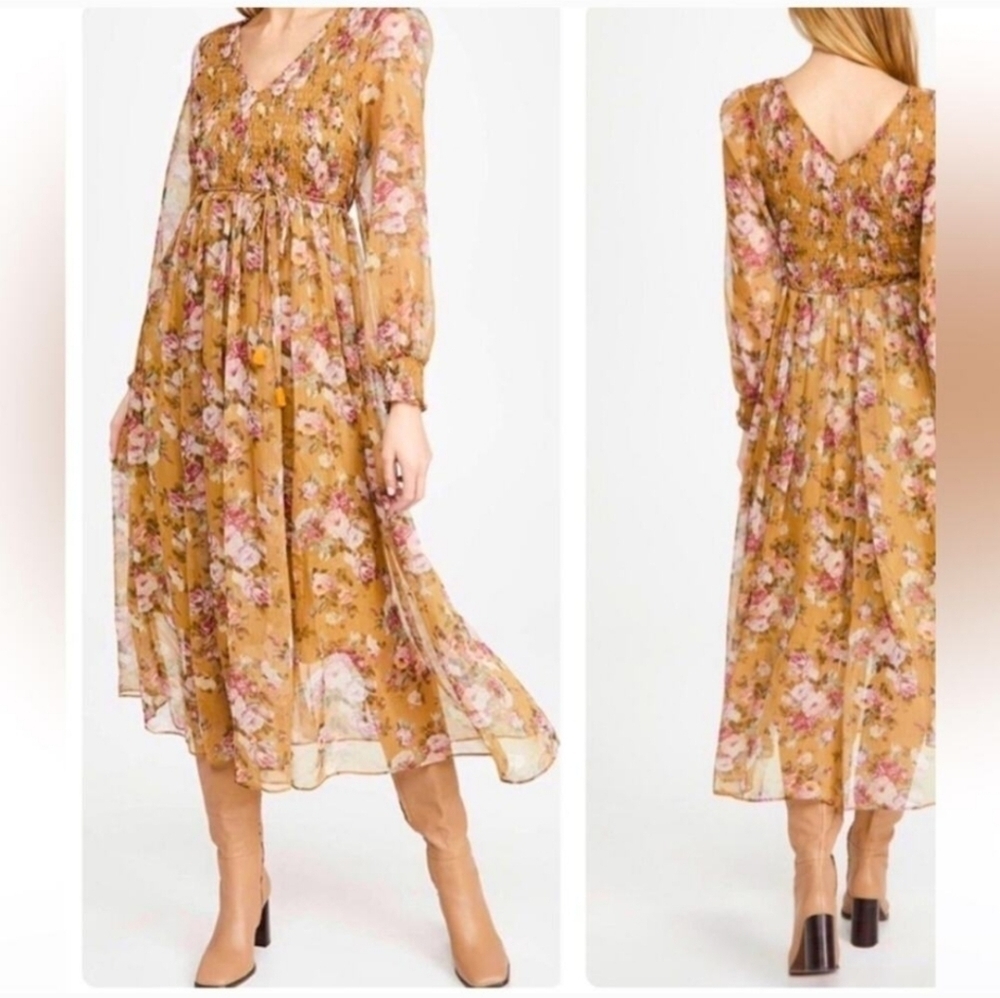 O.P.T Floral Long Sleeve Chiffon Midi Dress Small